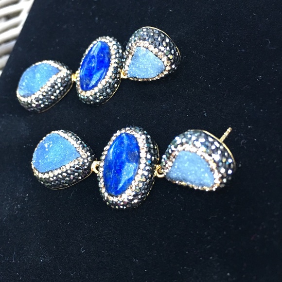 Swarovski Crystal & Lapis/Chalcedony Gem Earrings - Picture 6 of 8